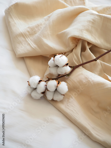 Elegant cotton bolls resting on draped beige fabric