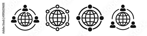 Global network of people and connections represented by icons around a globe