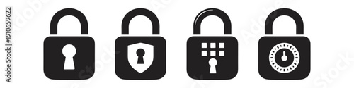 Collection of four different black padlock icons representing security and protection