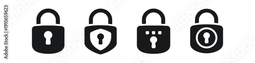 Collection of four different black padlock icons representing security and protection