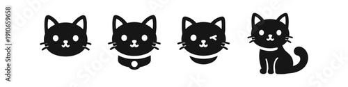 Cute black cat icons with different expressions and poses on a white background