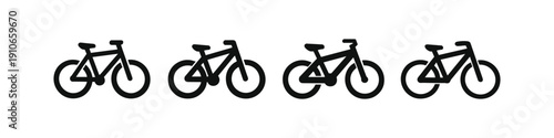 Four simple black bicycle icons in a row on a white background