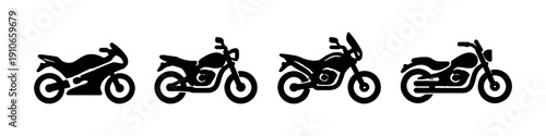 Collection of four distinct motorcycle silhouettes in black and white