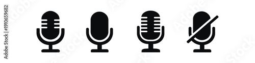 Set of four microphone icons showing different states of audio recording and muting