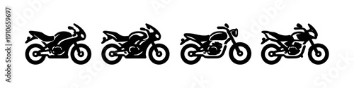 Collection of four distinct motorcycle silhouettes in black and white