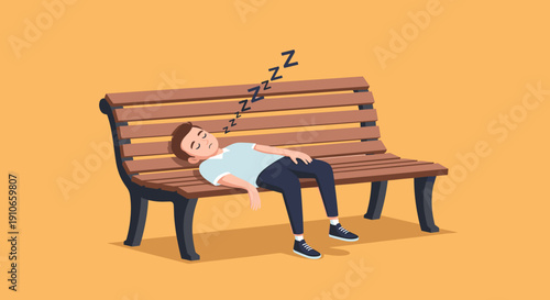 Man sleeping peacefully on a park bench outdoors.