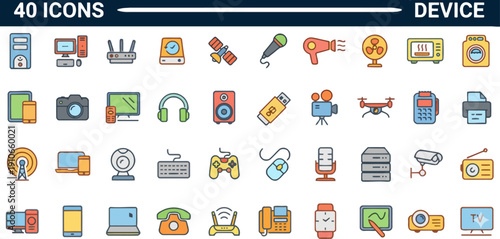Collection of various device icons representing different technologies and gadgets displayed on a grid layout