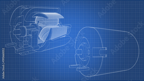 DC Electric Motor Cutaway - Cross Section. Parts Stator and Rotor. Technical drawing, blueprint. 3D Mesh, Sketch, Vector style. 3D rendering isolated on blue background. For educational, engineering.