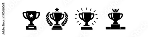 Collection of four black trophy icons representing achievement, victory, and success