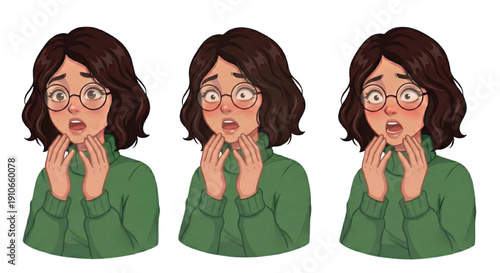 Flat vector illustration, 2D digital art, portrait of a cute young woman with short wavy dark hair and round glasses wearing a cozy green turtleneck sweater, surprised and shocked expression, wide ope