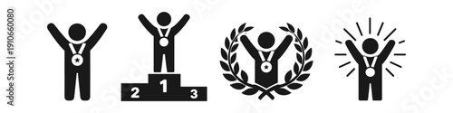 Collection of icons representing victory, achievement, and success with medals and awards