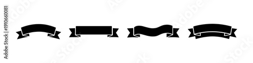 Collection of four black ribbon banners with different shapes and styles on a white background