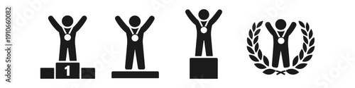 Set of icons representing winners on podiums and with laurel wreaths, celebrating success