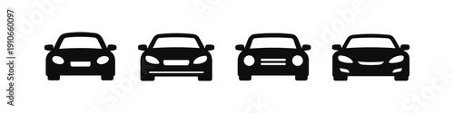 Collection of four black car icons viewed from the front on a white background