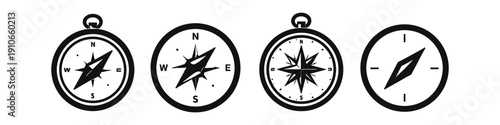 Collection of four black and white compass icons with different designs and details