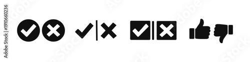 Collection of checkmark and cross icons, thumbs up and down symbols, and other decision symbols