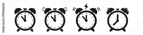 Set of four alarm clock icons showing different times and ringing states