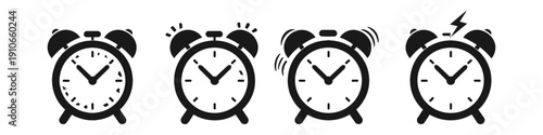 Set of four black alarm clock icons showing different stages of ringing and time