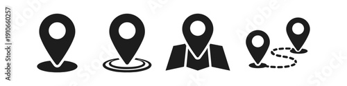 Collection of black map pin icons representing location and navigation