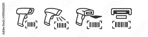 Barcode scanner icons showing different scanning methods and a stationary scanner