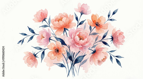 watercolor painting of pink flowers and green leaves on white background