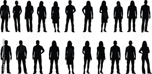 Collection of diverse men and women standing silhouettes isolated on light background representing modern people character set for design projects