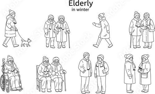 Collection of elderly people in winter clothing line art illustrations featuring seniors walking sitting and socializing isolated on light background for seasonal lifestyle design