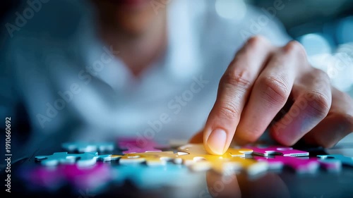 Business professional assembling colorful puzzle pieces on a table, symbolizing strategy, problem solving, and teamwork planning