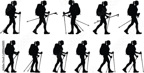 Collection of female hiker silhouettes with backpack and trekking poles isolated on light background representing outdoor adventure and mountain travel concept