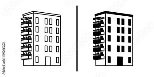 Apartment Building with Balconies Icon Vector Line Art and Silhouette.