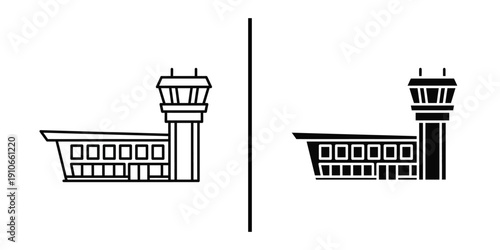 Airport Terminal Building and Control Tower Icon Vector Line Art and Silhouette.