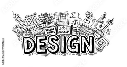 Creative design tools in doodle style with vector shapes and mockup elements