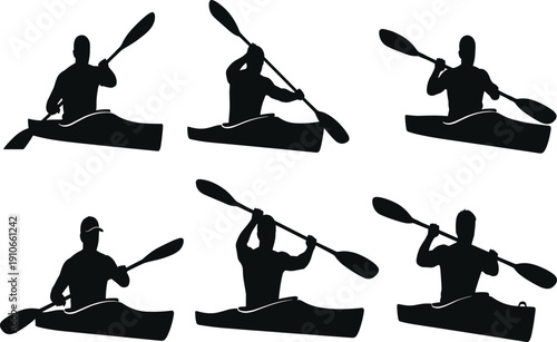Collection of kayaker silhouettes paddling canoe isolated on light background showcasing outdoor adventure water sport activity in dynamic action poses