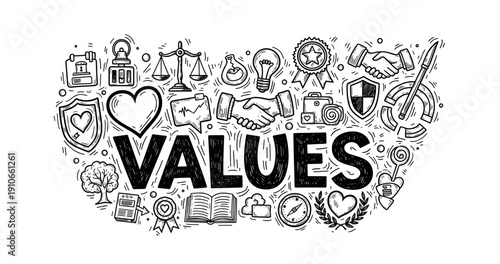 Values concept illustration with handshake, justice scales, and symbols of integrity and trust