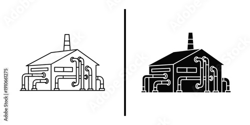 Industrial Factory Building Icon Vector Set for Manufacturing and Processing Plant.
