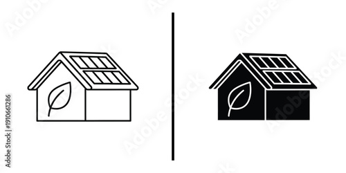 Eco Friendly Green House Icon Vector Set with Solar Panels and Leaf Symbol.