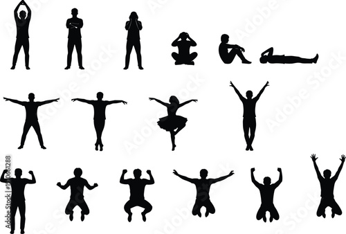 Collection of human silhouettes in various poses including standing, sitting, jumping and dancing isolated on light background for design reference