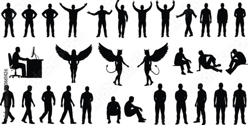 Collection of male silhouette characters in various standing walking sitting and fantasy poses isolated on light background for design projects