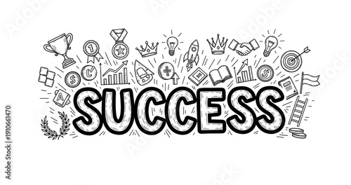 Success concept art with business and achievement icons surrounding bold text