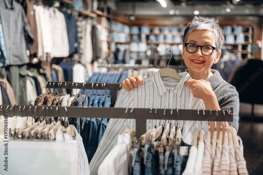 Fototapeta premium Senior woman with short gray hair wearing glasses holds a striped shirt while shopping in a clothing store filled with various garments and accessories