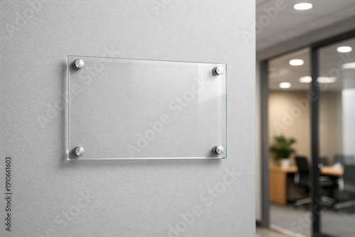 Blank glass nameplate mockup on office wall near entrance for branding