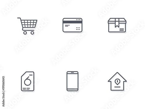 Comprehensive outline icon set for modern e-commerce, online shopping, mobile transactions, and digital delivery services, ideal for web and app design