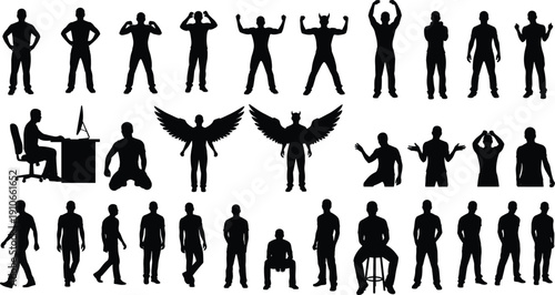 Collection of male silhouette characters in various dynamic poses including standing walking sitting working and fantasy angel devil concepts isolated on light background