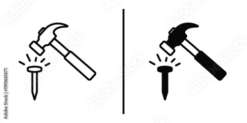 Hammer Hitting Nail Vector Icon for Carpentry Construction and Home Repair.