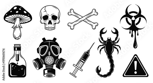 Dark collection of symbols skulls mushrooms and biohazard imagery