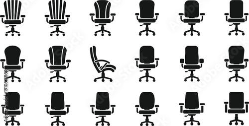 Collection of modern office chair silhouettes isolated on light background showcasing various ergonomic swivel seat designs set for workspace furniture concepts