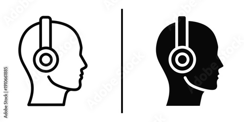 Head Profile with Headphones Vector Icon for Podcast and Customer Support Center.