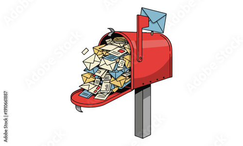 Red Mailbox Overflowing with Letters and Excessive Spam Mail