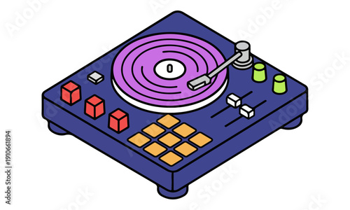 DJ Turntable Mixer Icon Isometric Illustration with Purple Vinyl Record.