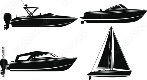 Collection of motorboats and sailboat silhouettes isolated on light background showcasing modern marine vessel designs for nautical transport themes